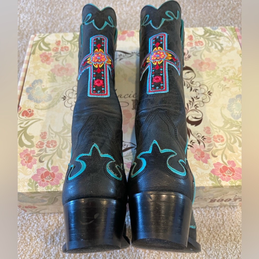 Macie Bean Black and Turquoise Heeled Boots, Size 7M - Picture 4 of 15